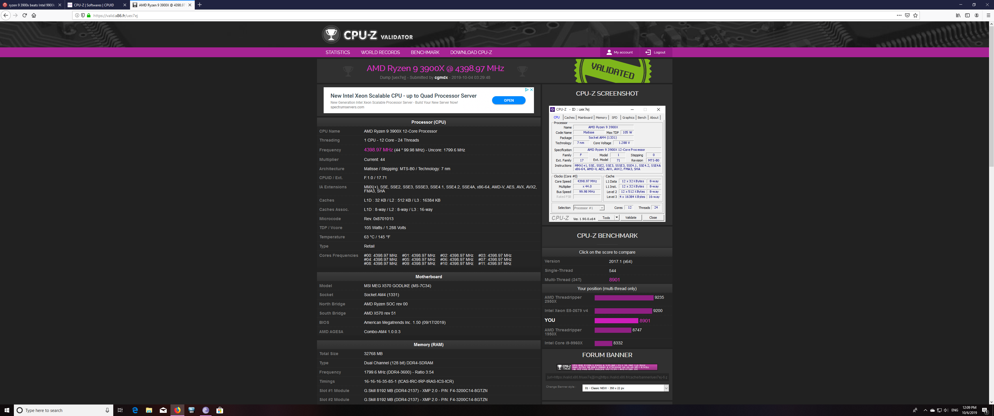 ryzen 9 3900x beats Intel 9900k in single and multi cpuz benchmark