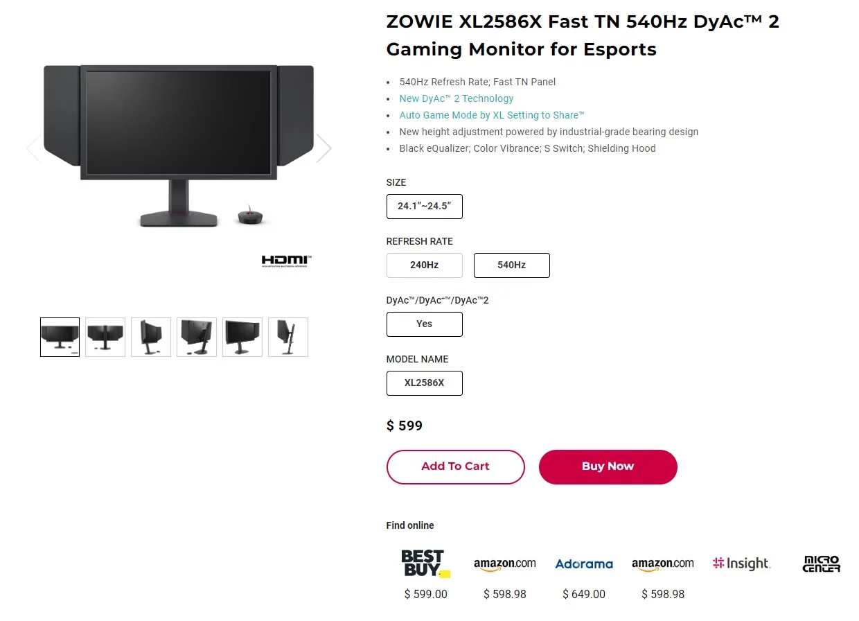 BenQ introduces its first 540 Hz TN monitor, a month after Asus introduced  its own 540 Hz model