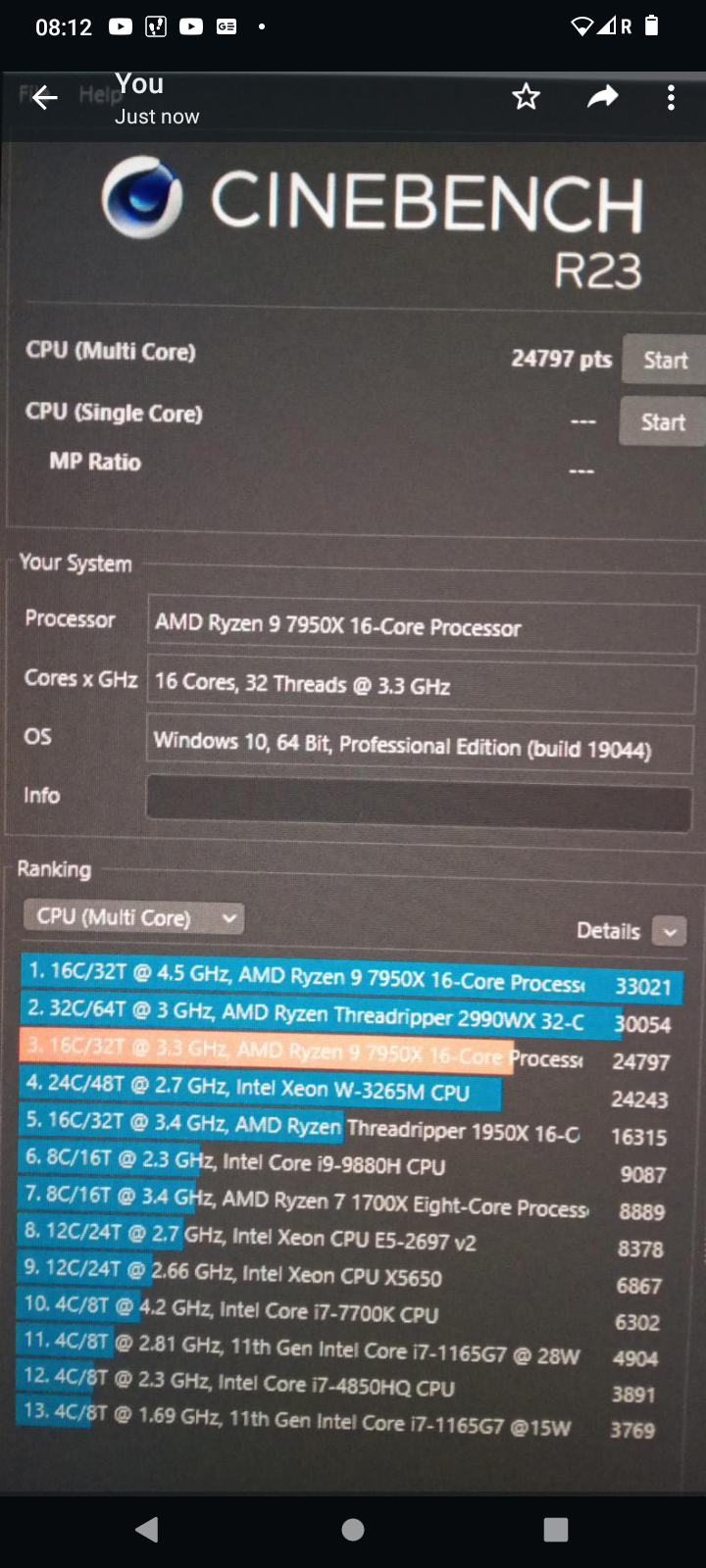 Les performances de l'AMD Ryzen 9 7950X multi-core Cinebench R23