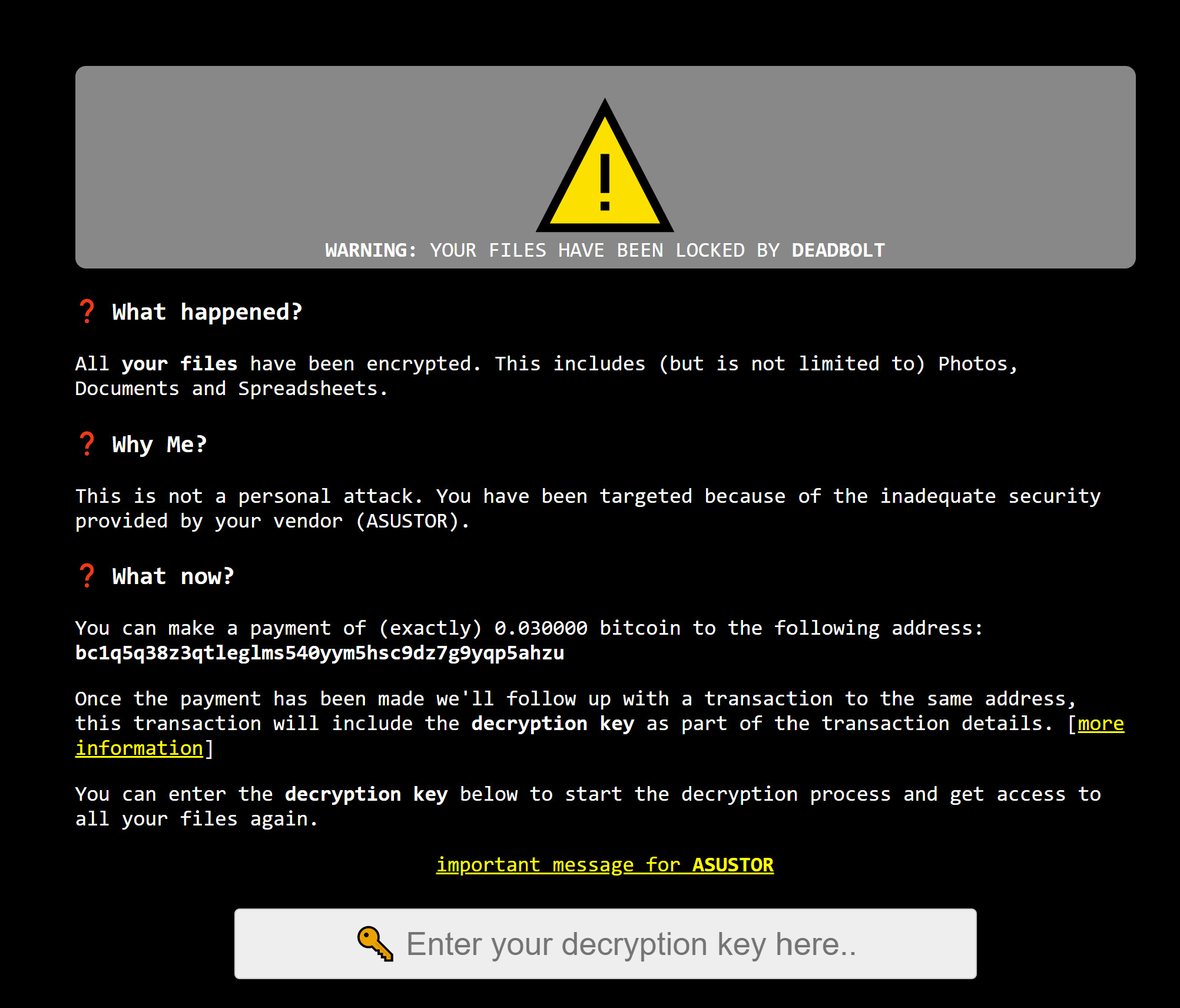 Deadbolt Ransomware Attacks Target ASUStor NAS