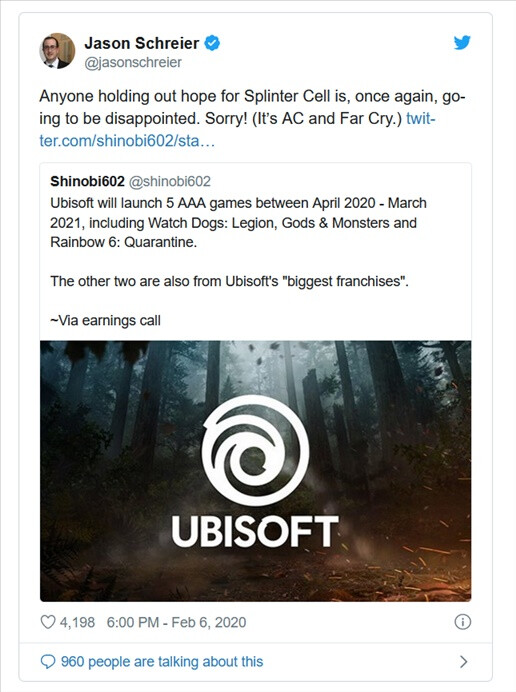 What is the large game that Ubisoft is releasing before April