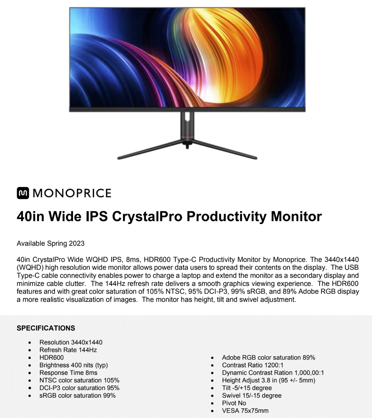 Monoprice 40in CrystalPro Monitor UWQHD IPS, 3440x1440, 144Hz, MPRT 1ms 